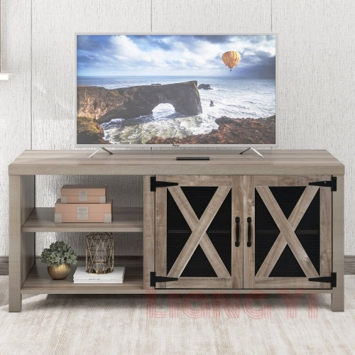 2 Open Compartments TV Stand with Barn Door 57 inch TV table with gray finish